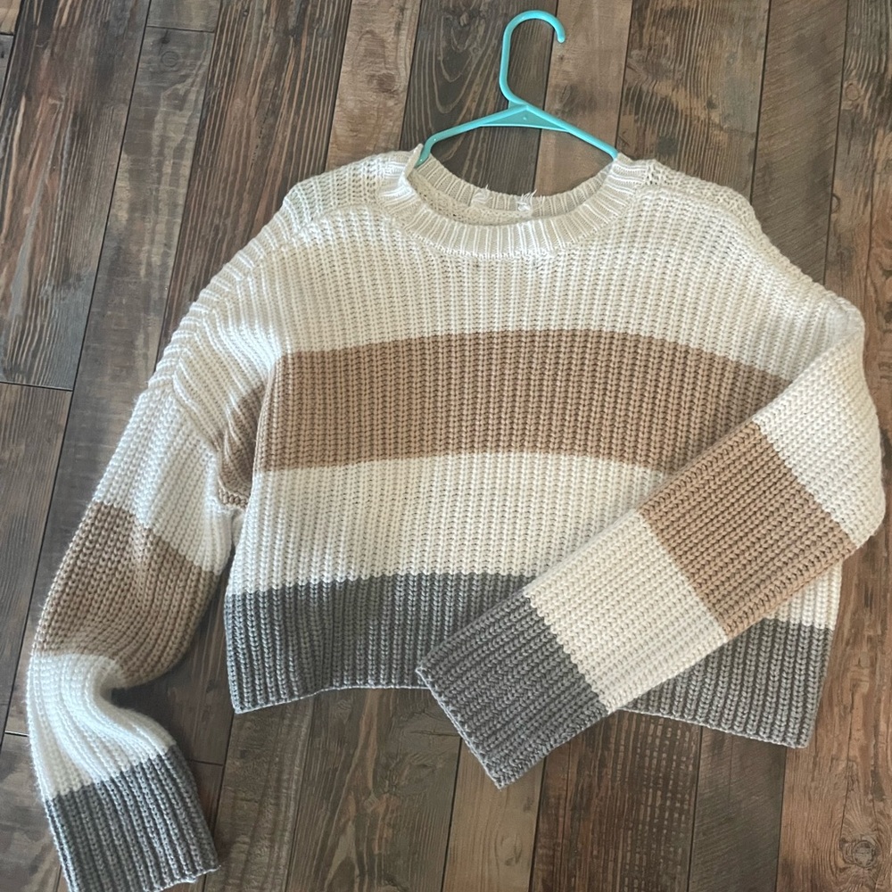 Striped Knit Sweater - Cream, Brown, and Gray